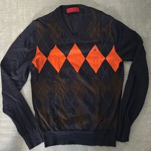 Classic Carolina Herrera Navy & Orange Argyle Sweater